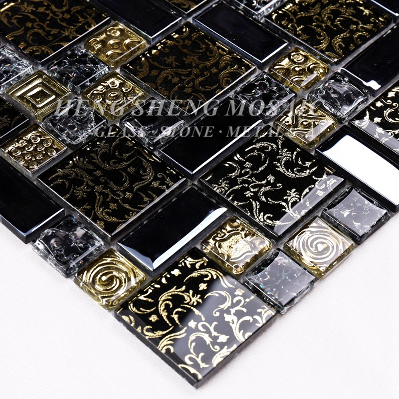 HDT02 Arabesque Нов дизайн златна линия ламинирано черно стъкло арт цвете мозайка мозайка плочки за кухня Backsplash стена